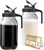 64oz Glass Pitcher with Lid - 2 Quart Mason Jar Pitcher with Spout, Leak-proof Milk Container for Refrigerator, Easy to Clean Wide Mouth Water Jug, Juice, Tea, Iced Coffee, Beverage and Drinks