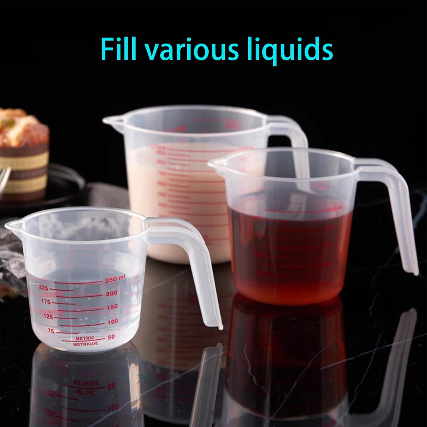 Unbreakable Plastic Measuring Cups 6 Piece Food-Grade Measuring Jugs, 250ml/500ml/1000ml- Capacity, Stackable and Dishwasher-Safe, Great for Oil, Vinegar, Flour, More Essential Kitchen Tools