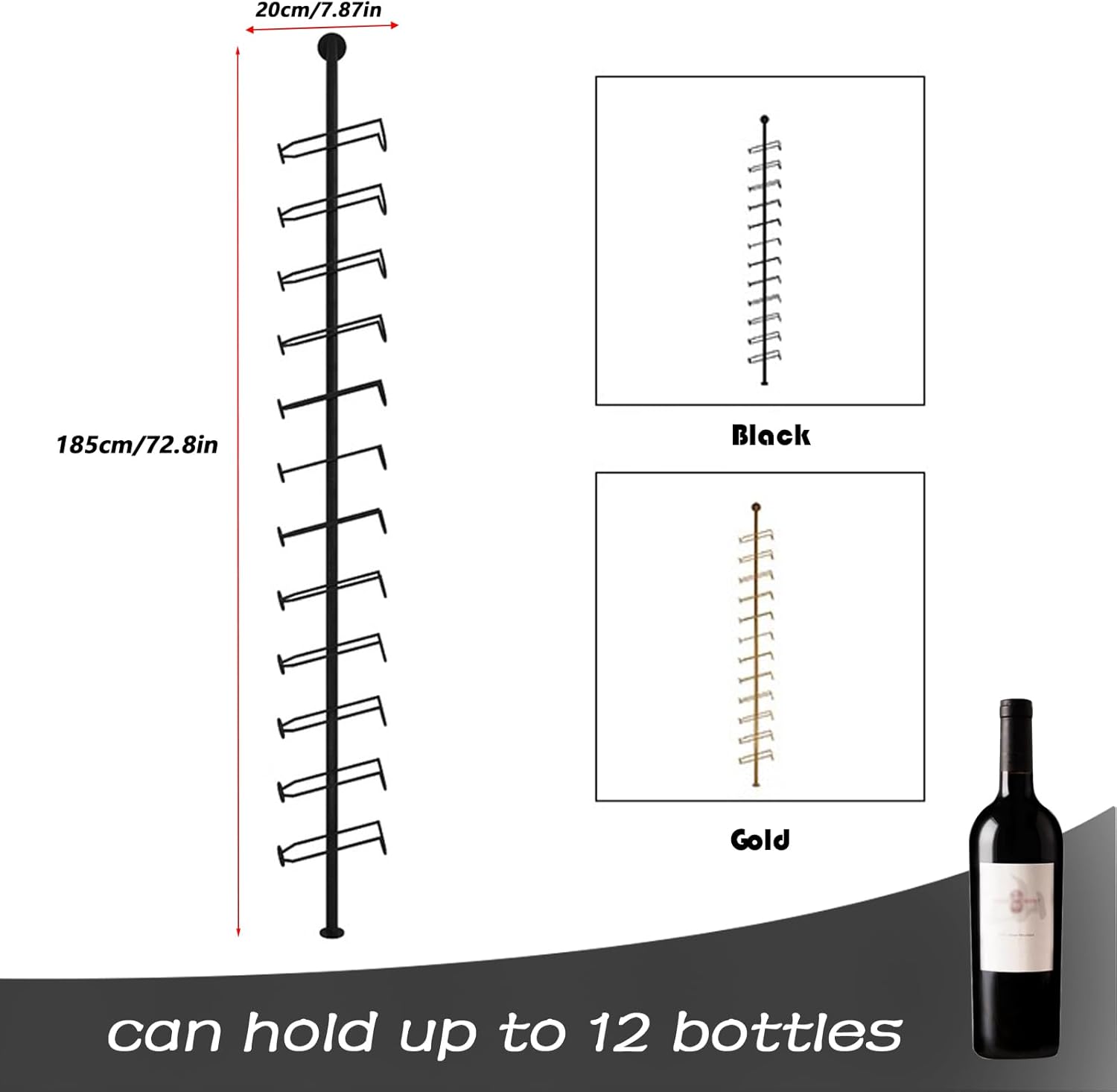 Wine Rack Wall Mounted, 72.8in High Metal Wine Bottle Holder for 12 Bottles, Kitchen Organization and Wine Storage for Commercial Restaurants Pantry Bar Wine Cellar (Gold, Three rows-36 Bottles)