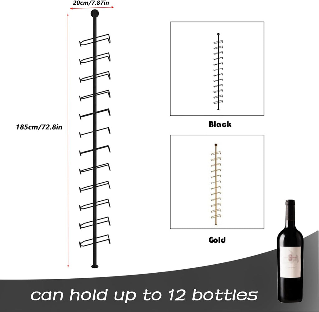 Wine Rack Wall Mounted, 72.8in High Metal Wine Bottle Holder for 12 Bottles, Kitchen Organization and Wine Storage for Commercial Restaurants Pantry Bar Wine Cellar (Black, One row-12 Bottles)