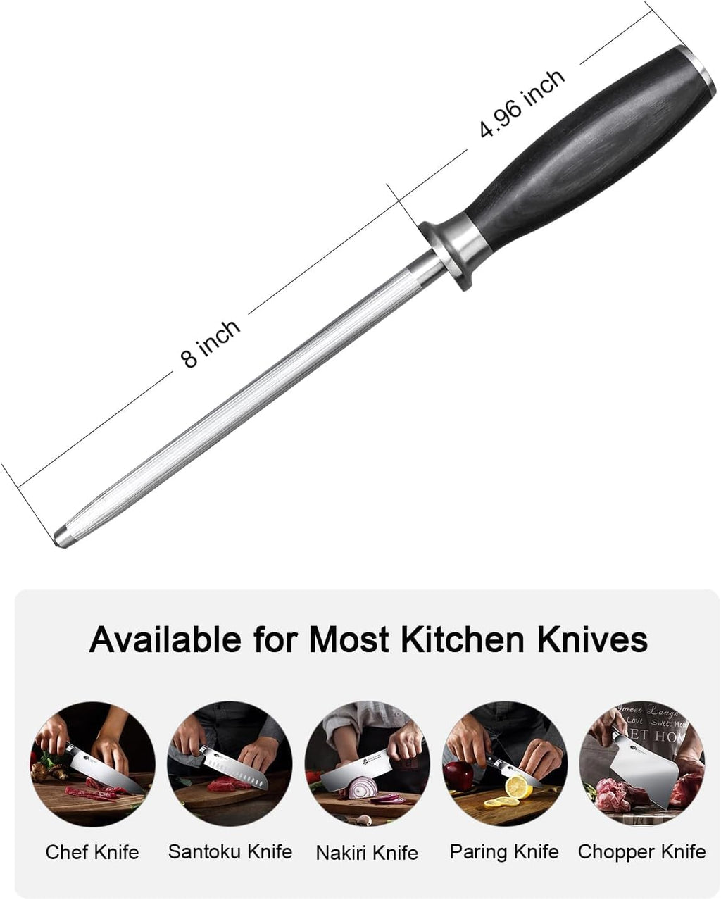 TUO Honing Rod, Knife Sharpening Rod 8 Inch, High Carbon German Steel Knife Sharpener with Ergonomic Pakkawood Handle, Premium Honing Steel for Kitchen Knives Blade Maintenance, Black Hawk Series