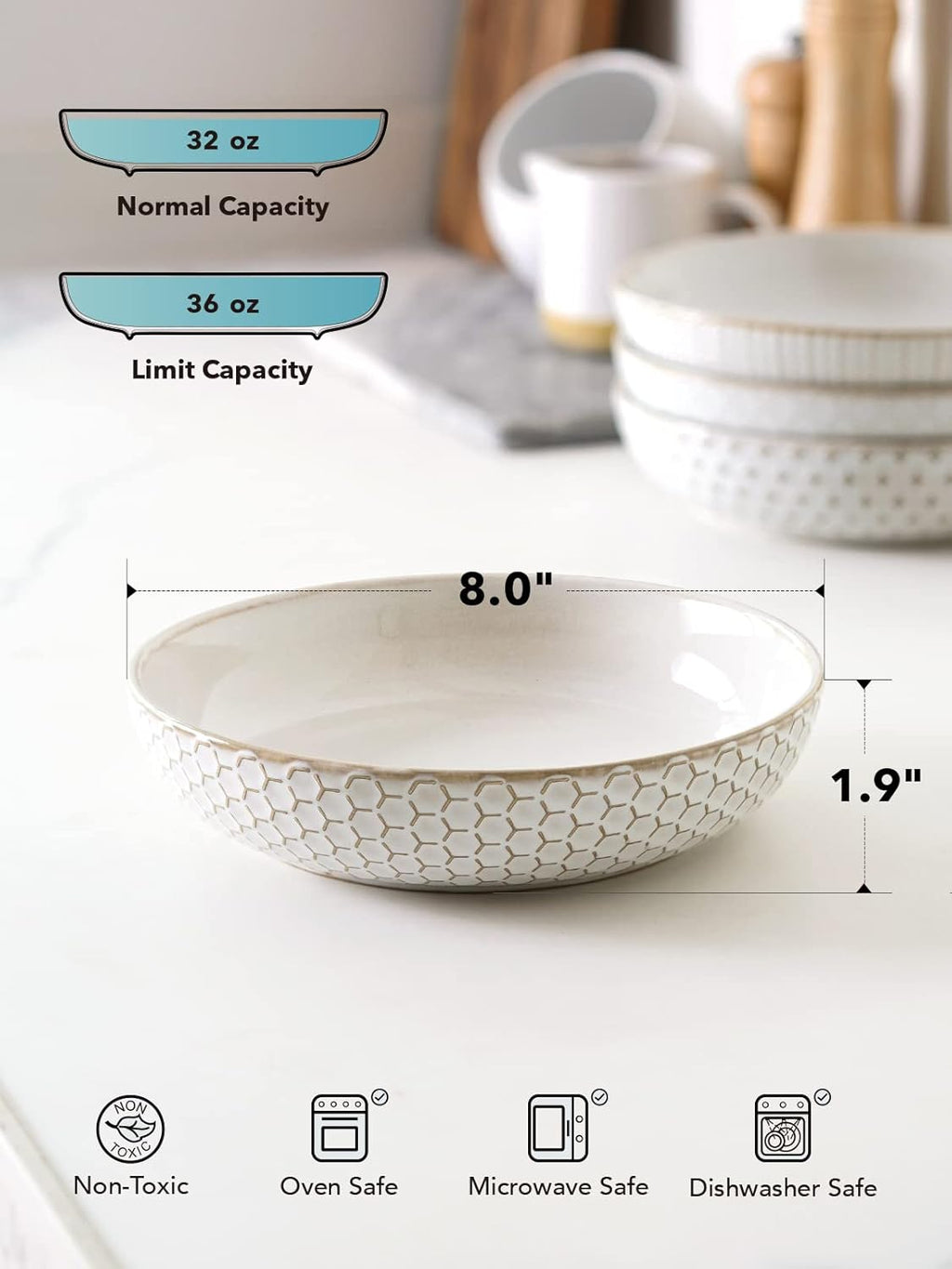 LE TAUCI Pasta Bowl 36 oz, Salad Bowl Serving Plate Bowls, Housewarming Wedding Present, Ceramic Embossment Bowl for Pasta, Fruits, Salad, Noodle, Dinner - 8 Inch, Set of 4, Arctic White