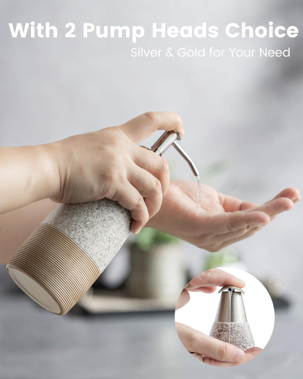 Ceramic Soap Dispenser with 2 Pumps, 12 oz Refillable Liquid Hand Soap Dispenser for Shampoo, Bathroom & Kitchen, Includes Silicone Funnel, Plastic and Stainless Steel Pump, Granite Grey