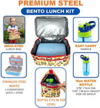 kinsho Stainless Steel Bento Box for Toddler Boys, Insulated Lunch Bag and Water Bottle Set for Toddlers. Snack Container for Small Kids, Baby Daycare or Pre-School Lunches, Blue Yellow Trucks