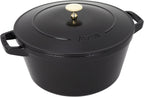 STAUB Cast Iron Set 4-pc, Stackable Space-Saving Cookware Set, Dutch Oven, Skillet, Grill Pan with Universal Lid, Made in France, Matte Black