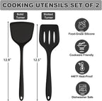 TeamFar Silicone Spatulas, 2pcs Solid & Slotted Cooking Turner for Non-stick Cookware, Kitchen Utensils for Flipping/Frying, Healthy & Seamless, Heat-Resistant & Non-Scratch, Dishwasher Safe, Black