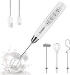 YUSWKO White Handheld Milk Frother Wand for Coffee, Rechargeable Electric Whisk with 3 Heads 3 Speeds Drink Mixer Coffee Frother For Latte, Cappuccino, Hot Chocolate, Egg