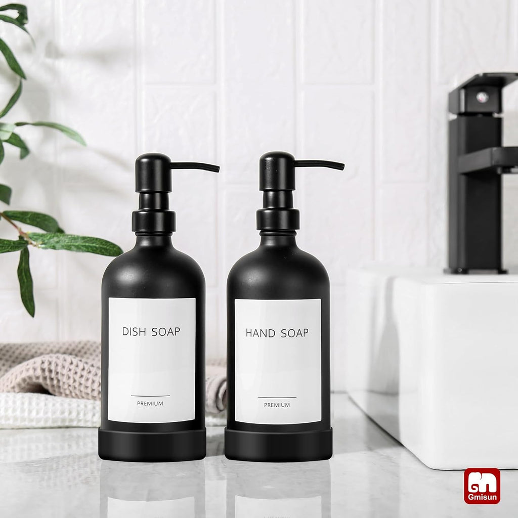 GMISUN Black Soap Dispenser with Silicone Sleeve Boot, 2 Pack Glass Bathroom Hand Soap Dispensers with Stainless Steel Pump, 17 Fl Oz Kitchen Hand and Dish Soap Dispenser Set, Liquid Dispensers Bottle