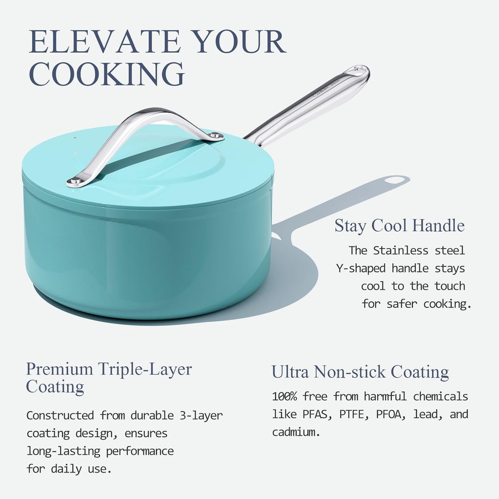 3.5qt Nonstick Ceramic Sauce Pan with Lid (8.19") Even Heat Distribution Non Toxic PFAS Free Healthy Cooking Pot for All Stovetops (Induction/Gas/Electric) Oven Safe 500°F, Caribbean Blue