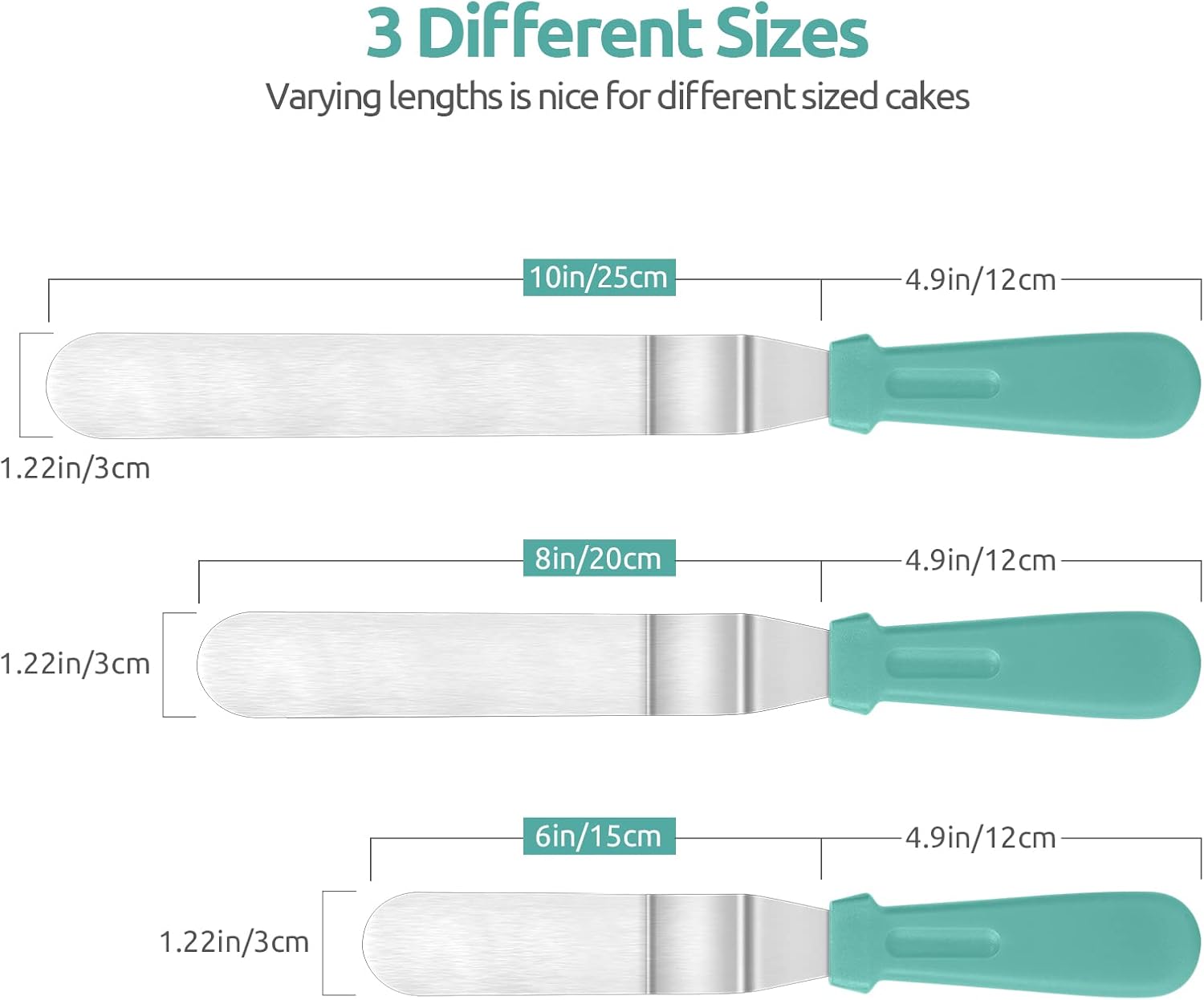 Icing Spatula, U-Taste Offset Spatula Set with 6", 8", 10" Blade, 18/0 Stainless Steel with PP Plastic Handle Angled Cake Decorating Frosting Spatula Set of 3 (Teal/Aqua Sky)