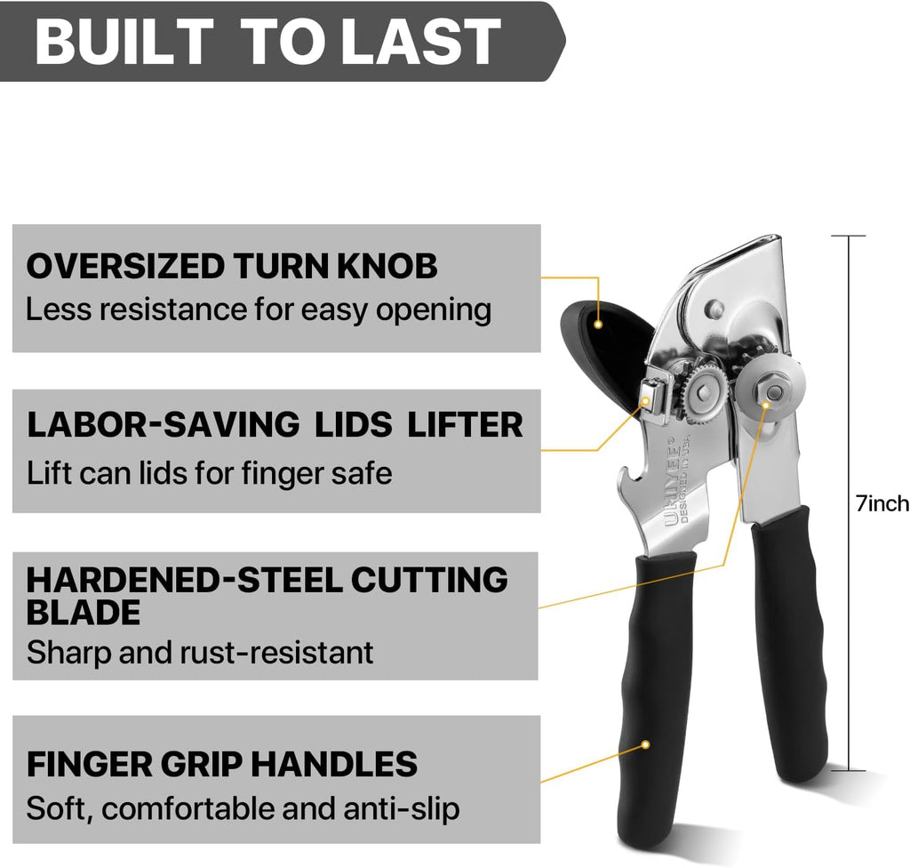 Can Opener Manual Heavy Duty, UHIYEE Hand Held Can Openers for Seniors with Comfort Grip Sharp Blade, Solid Steel Hand Manual Can Open with Magnet for Kitchen Camping, Black