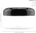 Cornucopia Brands 8oz Clear Plastic Jars w/Black Plastic Lids (6-Pack); BPA Free PET Stackable Containers for Bathroom & Kitchen Storage & Cosmetics