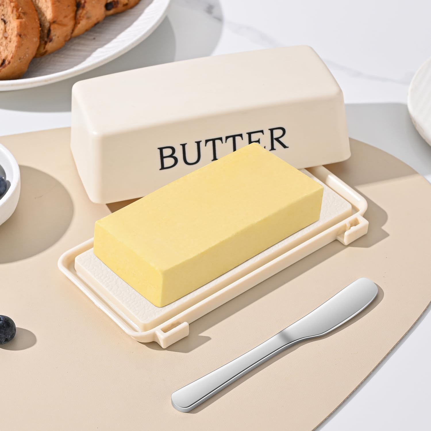 Butter Holder With Lid And Knife,Food Grade Plastic Butter Dish For Countertop,Large Butter Storage Container With Cover,White