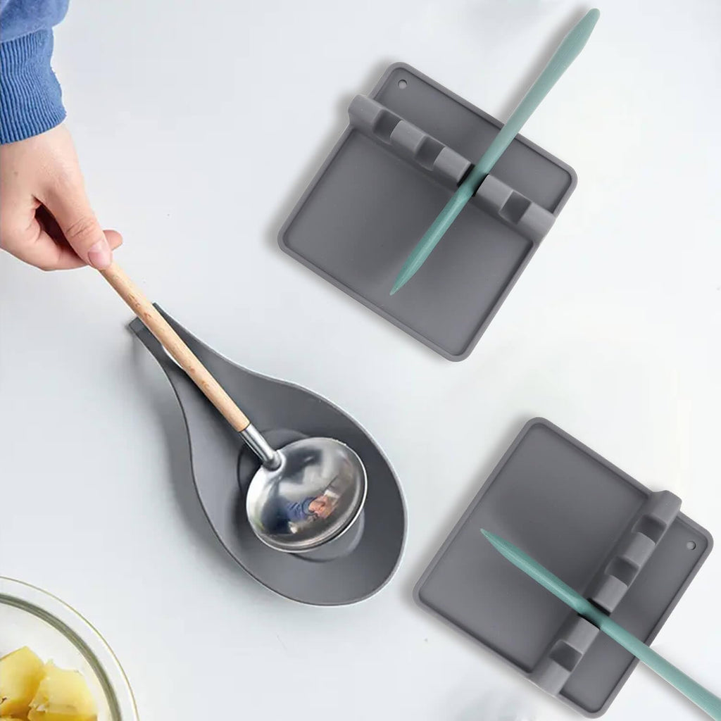 Kitchen Silicone Utensil Rest with Drip Pad-BPA-Free, Durable Spoon Rest-Heat-Resistant Spoon Rest for Stove Top - Kitchen Gadgets &Grill Utensil Holder-Grey 3 Pcs