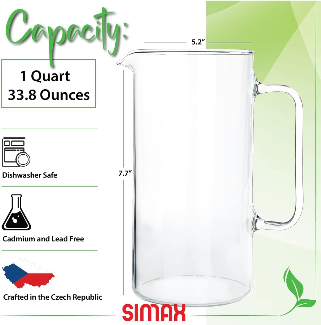Simax Glass Pitcher, 32 Ounce (1 Quart) Borosilicate Glass, Hot and Cold Safe Iced Tea Pitchers for Drinks, Made in Europe Glass Water Pitcher, Cocktail Jug, Lemonade, Sangria