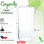 Simax Glass Pitcher, 32 Ounce (1 Quart) Borosilicate Glass, Hot and Cold Safe Iced Tea Pitchers for Drinks, Made in Europe Glass Water Pitcher, Cocktail Jug, Lemonade, Sangria