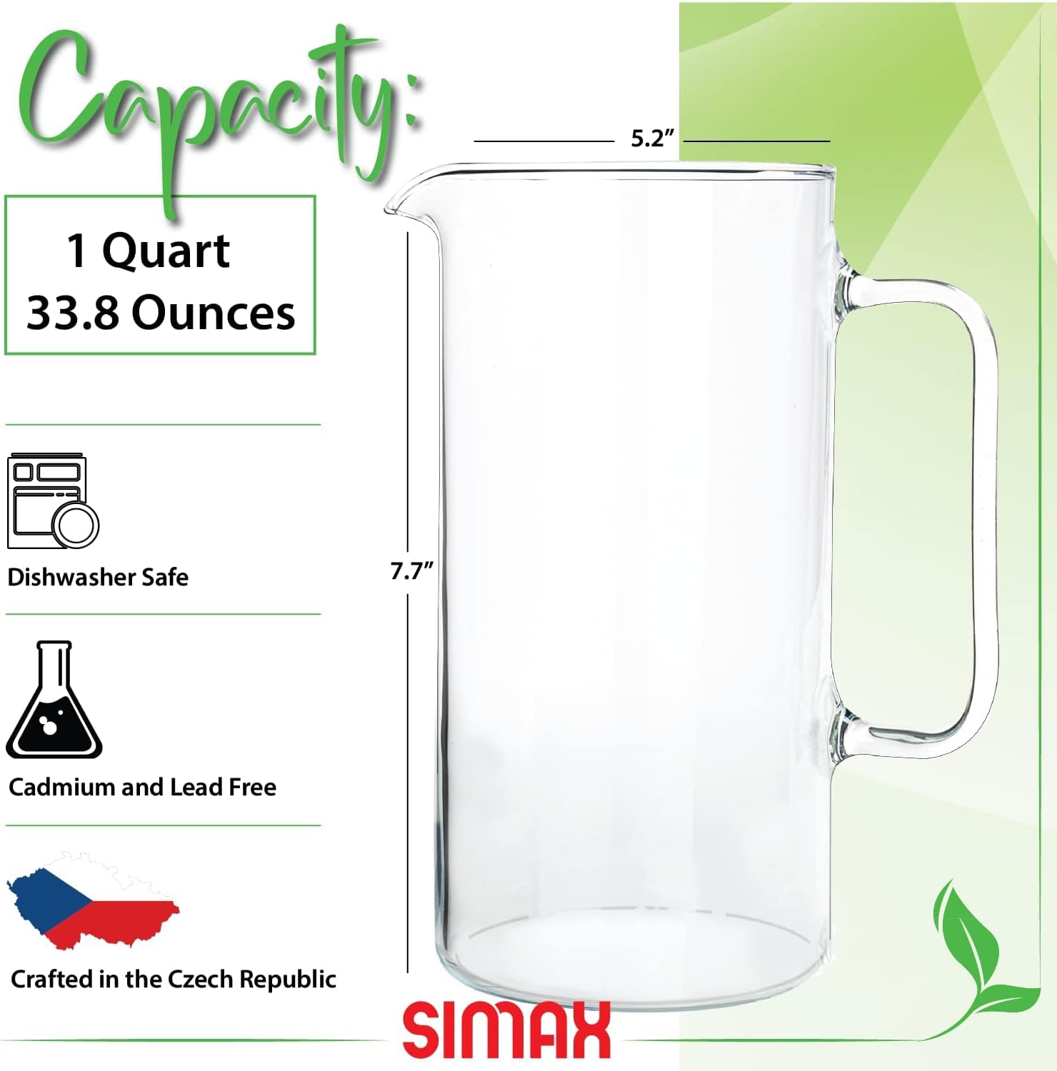 Simax Glass Pitcher, 32 Ounce (1 Quart) Borosilicate Glass, Hot and Cold Safe Iced Tea Pitchers for Drinks, Made in Europe Glass Water Pitcher, Cocktail Jug, Lemonade, Sangria