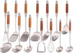 18/10 Stainless Steel Kitchen Utensils Set with Wooden Handle - 14 PCS Metal Cooking Tools & Serving Utensil, Large and Small Spoons Set - Whisk, Masher, Fork, Spatula, Turner, Ladle, Skimmer, Pasta