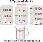 Luvan 6 Cups Glass Measuring Cup, Easy to Read with 3 measurement scales (Ml/Oz/Cup), Insulated Handle and V-shaped Spout, High Borosilicate Glass Measuring Cup, Ideal for Kitchen or Restaurant