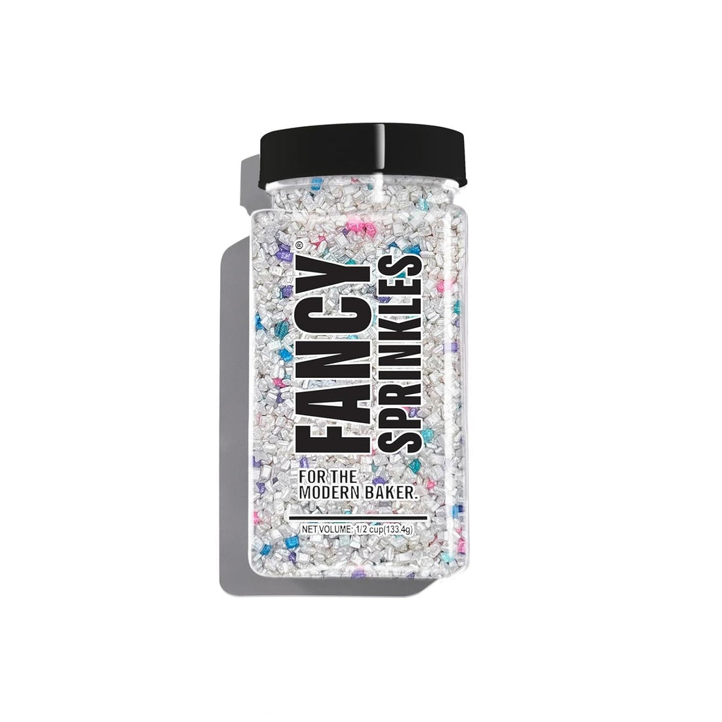 Fancy Sprinkles Unicorn Breath Fancy Sugar Pearlescent White Sugar Crystals Flecked with Blue, Purple, Pink, and Teal Sugars, and Silver Mini Edible Glitter Stars (4 OZ)