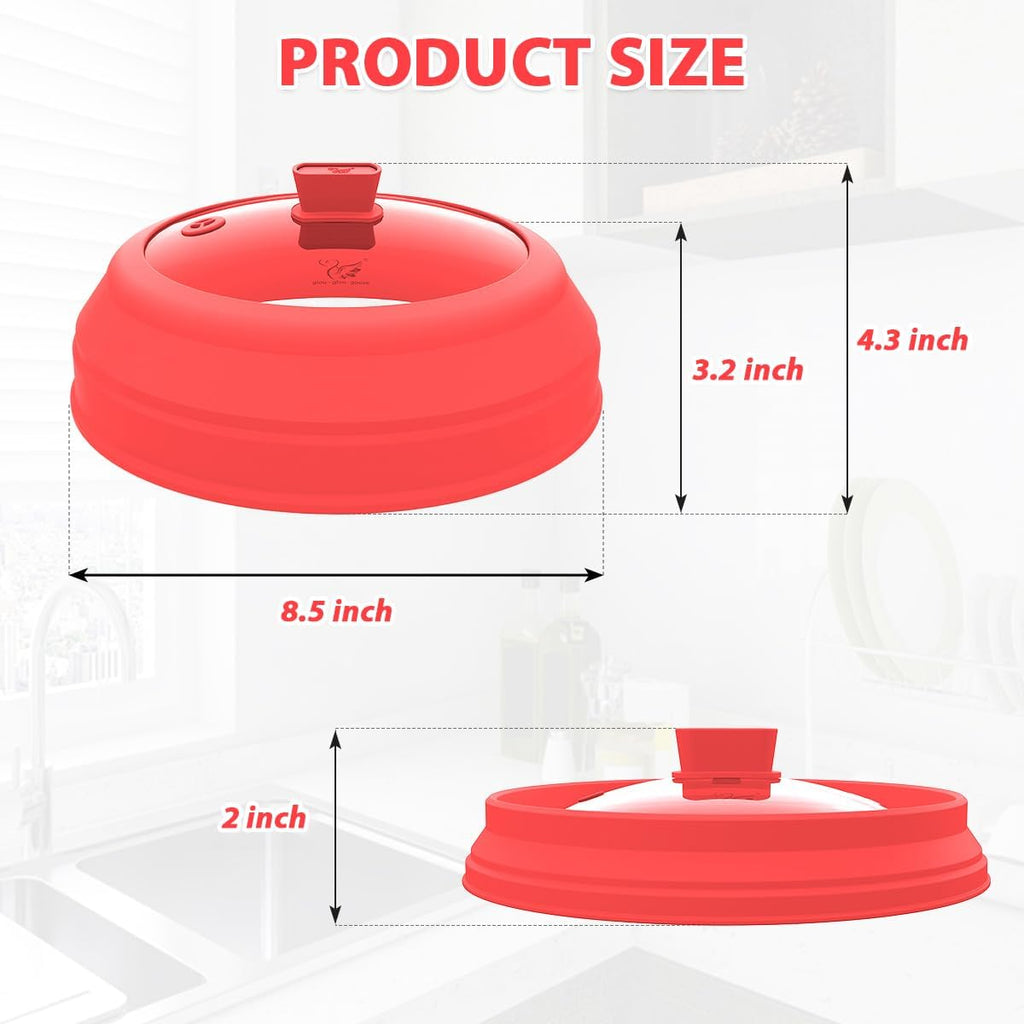 Microwave Splatter Cover Glass Splatter Guard Lid with Collapsible Silicone for Food Plate Cover 9 inch Red