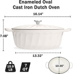 Enameled Oval Dutch Oven Pot with Lid, 7 QT Cast Iron Dutch Oven with Dual Handles for Cooking, Bread Baking, Frying, Non-stick Enamel Coated Oven (White)