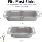Extended Long Over the Sink Colander, Wash Vegetables Fruits Collapsible Colander Strainer, 14.5"-19.3" Extendable Kitchen Sink Accessories for Dishes Drying, Vegetable Basket, with Peeler