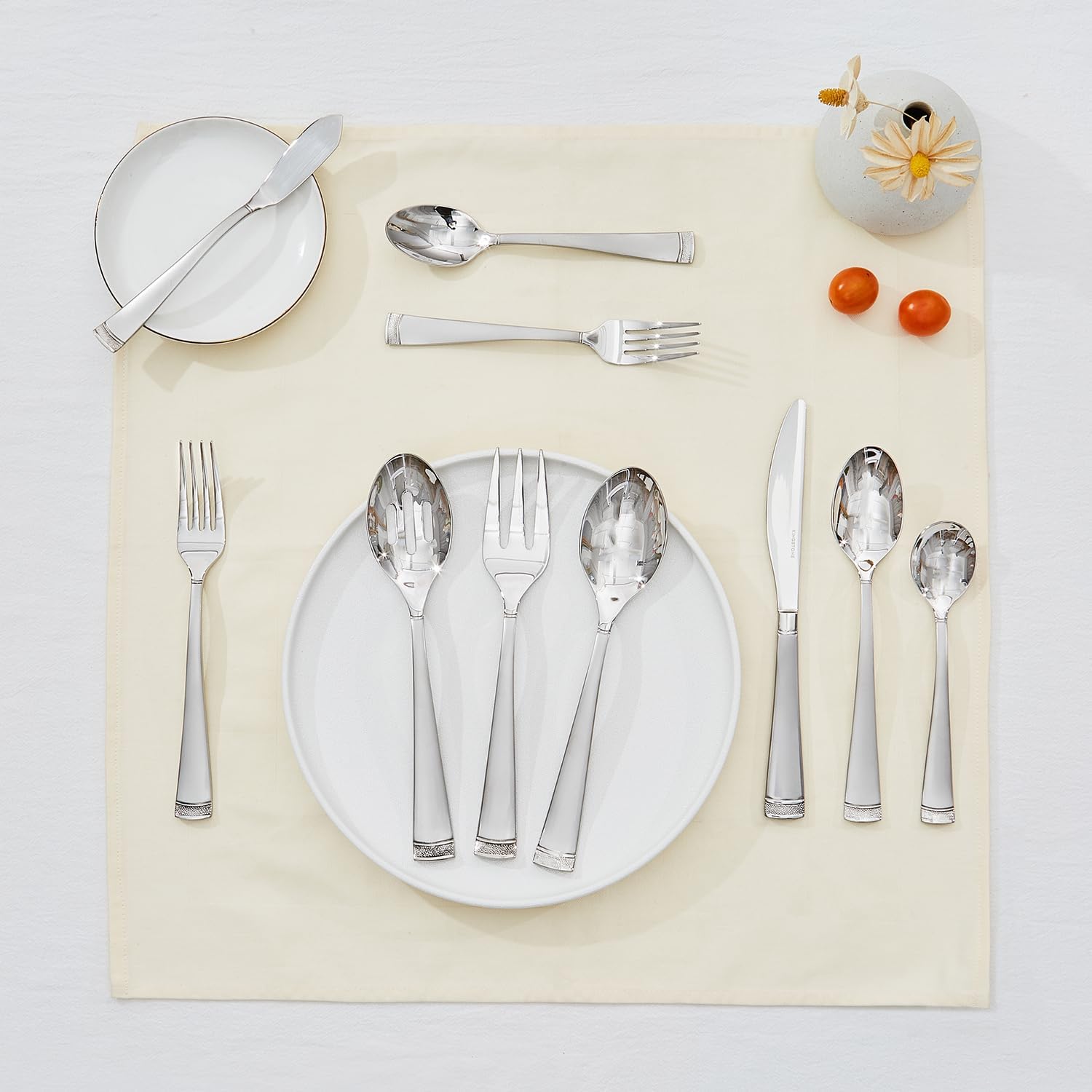 KINGSTONE Silverware Set, 65-Piece Flatware Set for 12, 18/10 Stainless Steel Cutlery Set with Bead Edge, Utensil for Kitchen, Home, Party, Wedding, Mirror Polished, Dishwasher Safe, Featured Gifts