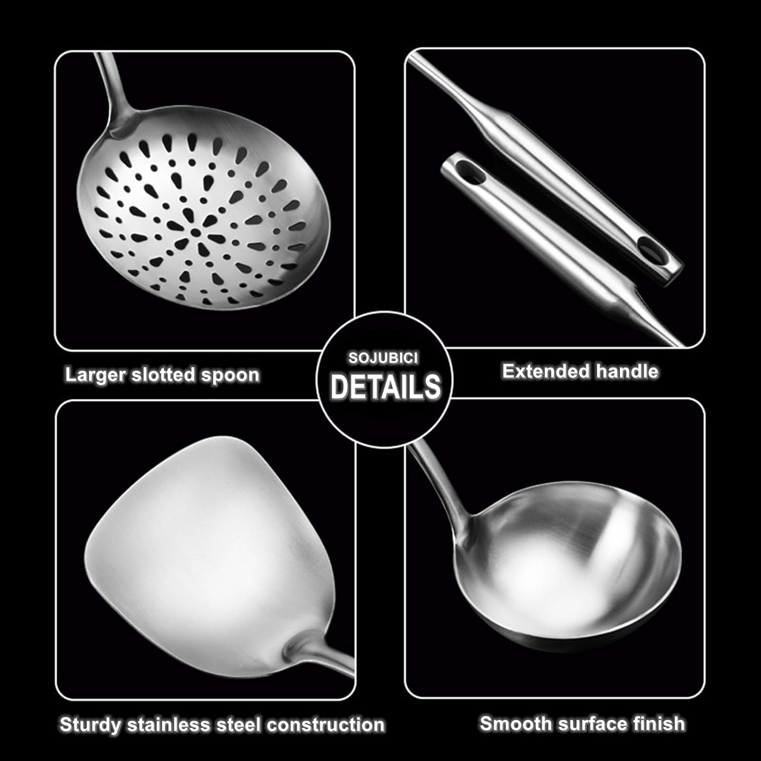 304 Stainless Steel Cooking Utensil Set 4-Piece Kitchen Utensils with Extra-Long Handles, Spatula,Ladle,Slotted Spoon,Slotted Spatula,One-Piece Construction, Ideal for Wok, Grilling, and Gifting