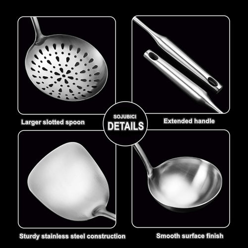 304 Stainless Steel Cooking Utensil Set 4-Piece Kitchen Utensils with Extra-Long Handles, Spatula,Ladle,Slotted Spoon,Slotted Spatula,One-Piece Construction, Ideal for Wok, Grilling, and Gifting