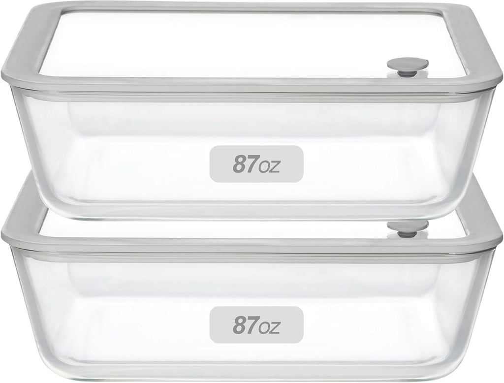 Glass Food Containers with Glass Lid, Microwave Safe Food Storage Container Set, 2 Pack of 87oz, Large Size Airtight Storage Set with Leak Proof Lids, Meal Prep Containers