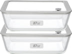 Glass Food Containers with Glass Lid, Microwave Safe Food Storage Container Set, 2 Pack of 87oz, Large Size Airtight Storage Set with Leak Proof Lids, Meal Prep Containers