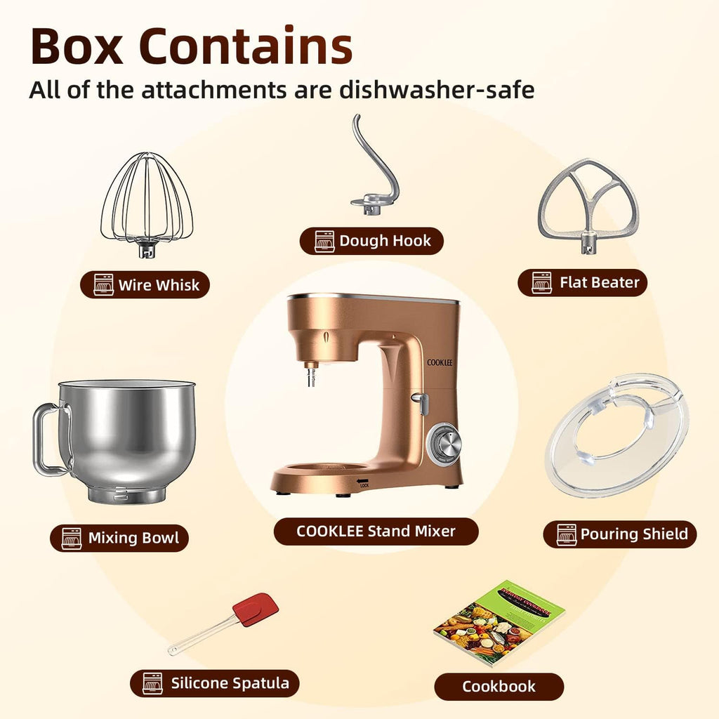 COOKLEE Stand Mixer, 9.5 Qt. 660W 10-Speed Electric Kitchen Mixer with Dishwasher-Safe Dough Hooks, Flat Beaters, Wire Whip & Pouring Shield Attachments for Most Home Cooks, Champagne