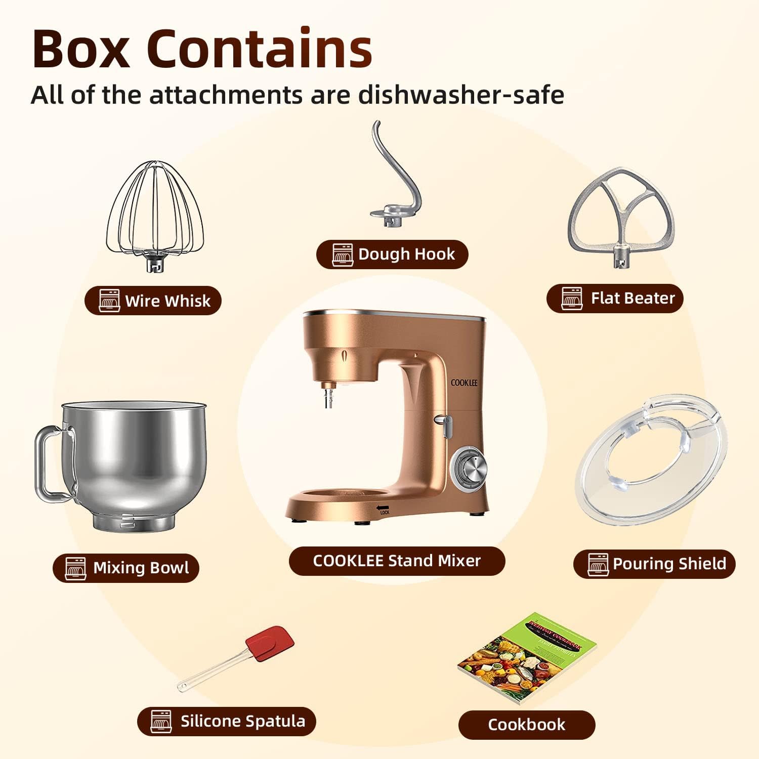 COOKLEE Stand Mixer, 9.5 Qt. 660W 10-Speed Electric Kitchen Mixer with Dishwasher-Safe Dough Hooks, Flat Beaters, Wire Whip & Pouring Shield Attachments for Most Home Cooks, Champagne
