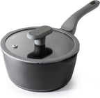 PRICUSIS Nonstick Saucepan with Lid, 2 Quart Non Toxic Pot with Pour Spouts, Full Coated, 100% Dishwasher Safe, Induction Compatible & Oven Safe, PTFE & PFOA Free, Black Sesame