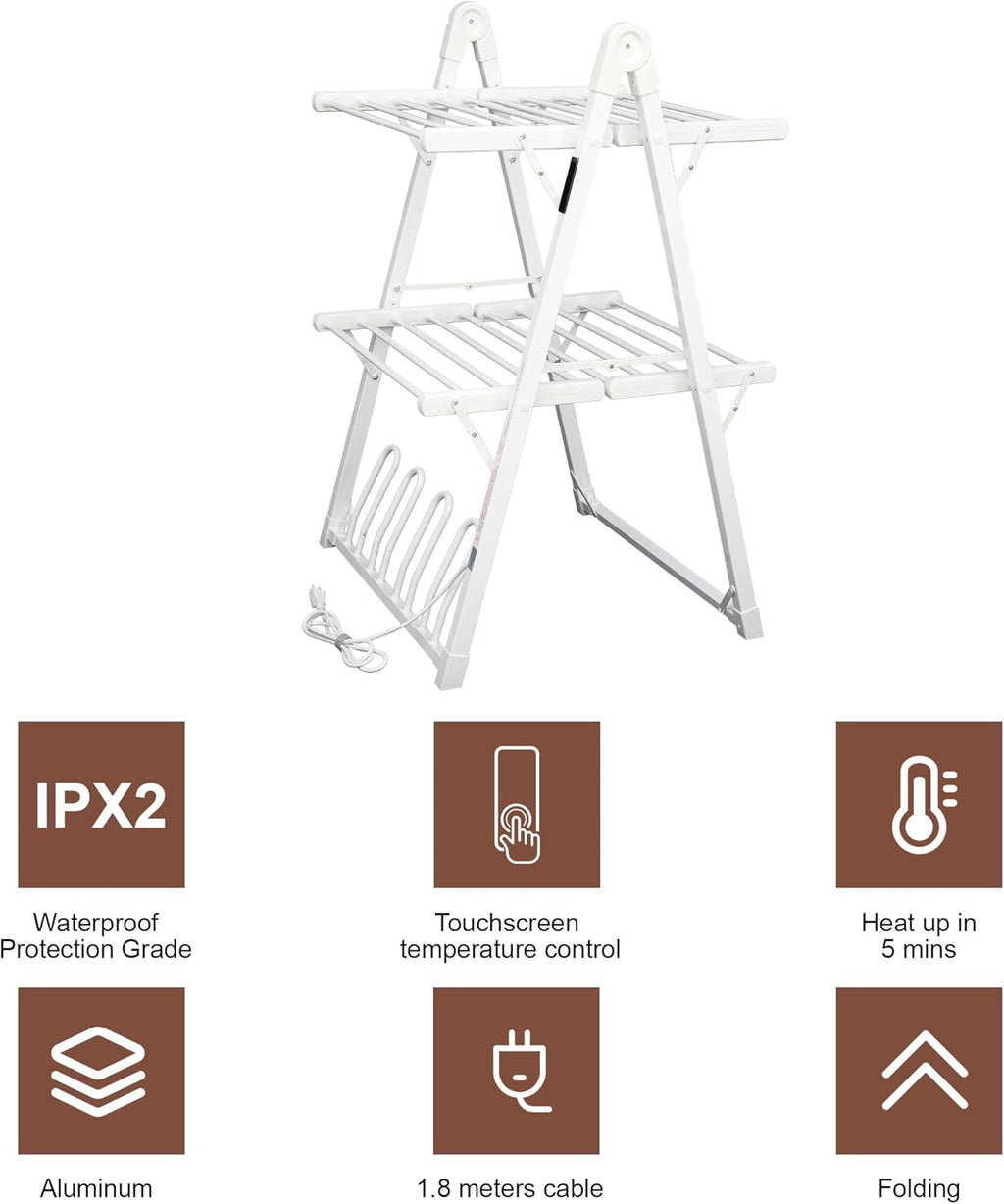 Electric Heated Clothes Drying Rack,Foldable Heated Garment Dryer with Timer Shut-Off Laundry Rack for Clothes Shoes Socks,Aluminum Alloy,White,Plug & Play,(39.37x25.98x23.82in)