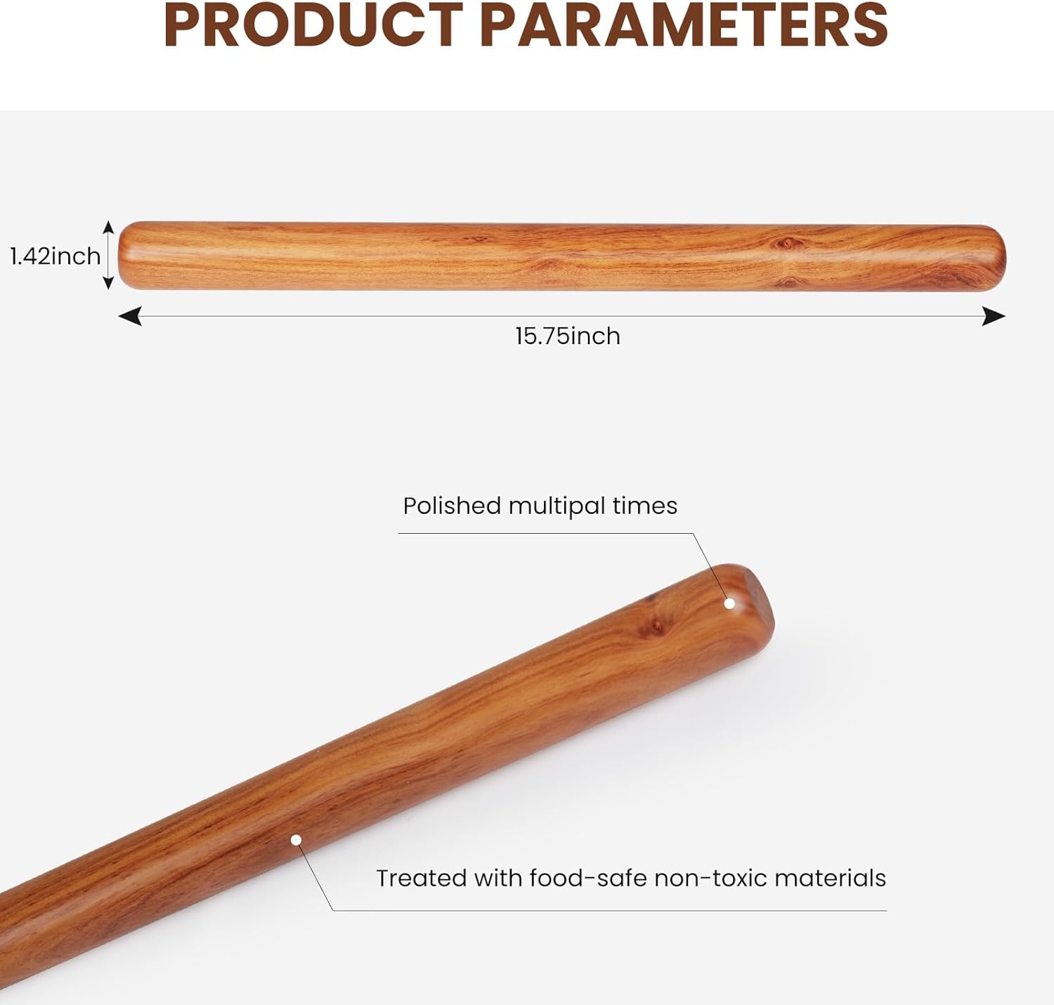 Natural Solid Bubinga Wood French Rolling Pin for Baking | Straight rod type | High-Density Professional Dough Roller (straight - 15.75‘L)