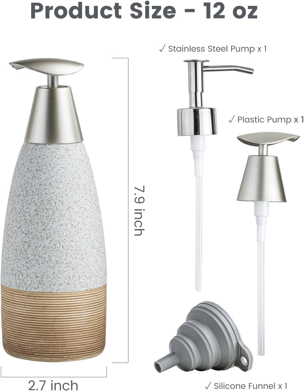 12oz Dish Soap Dispenser with Plastic Pump & Stainless Steel Pump for Hand Soap, Shampoo, Lotion, Conditioner, Ceramic Refillable Soap Bottle with Silicone Funnel for Bathroom, Kitchen, Speckled White