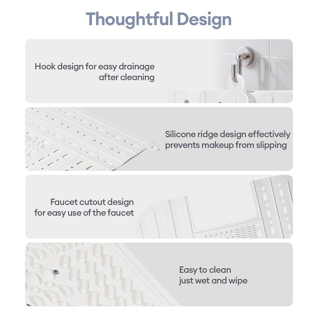 IeBilif Bathroom Sink Cover for Counter Space, Foldable Sink Covers, Makeup Organizer Mat Space Saver with Hanging Loop, Silicone Makeup Brush Cleaner Mat for Bathroom(White)