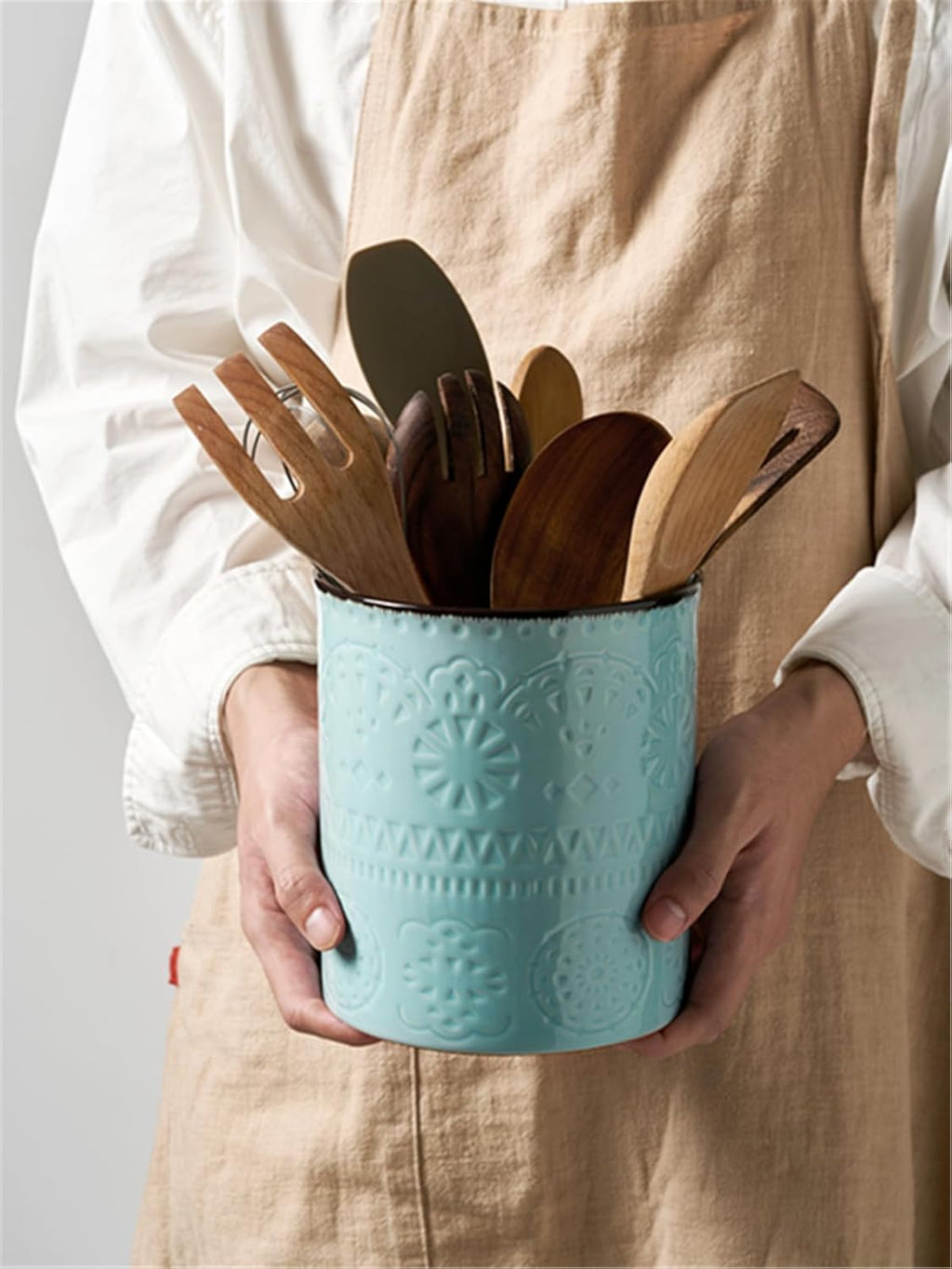 DOWAN 7.2" Kitchen Utensil Holder, Extra Large Farmhouse Utensil Holders for Countertop, Ceramic Utensil Crock, Anti Slip Cork Bottom (Blue, 7.2 Inch)