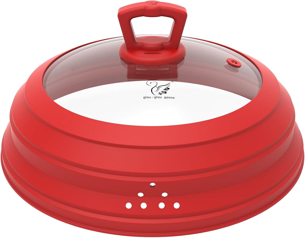 Microwave Splatter Cover Vented Glass Splatter Guard Lid with Collapsible Silicone for Food as Pot Cover 11.8 inch Large Plate for 6 7 8 9 10 11 inch Plate Bowl