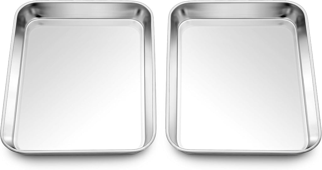 Homikit 2 Pack Baking Sheet, 9 x 7 Inches Stainless Steel Cookie Tray Set for Cooking Toasting, Mini Metal Cookie Toaster Oven Baking Pan Non Stick, Rustproof & Mirror Finish, Dishwasher Safe