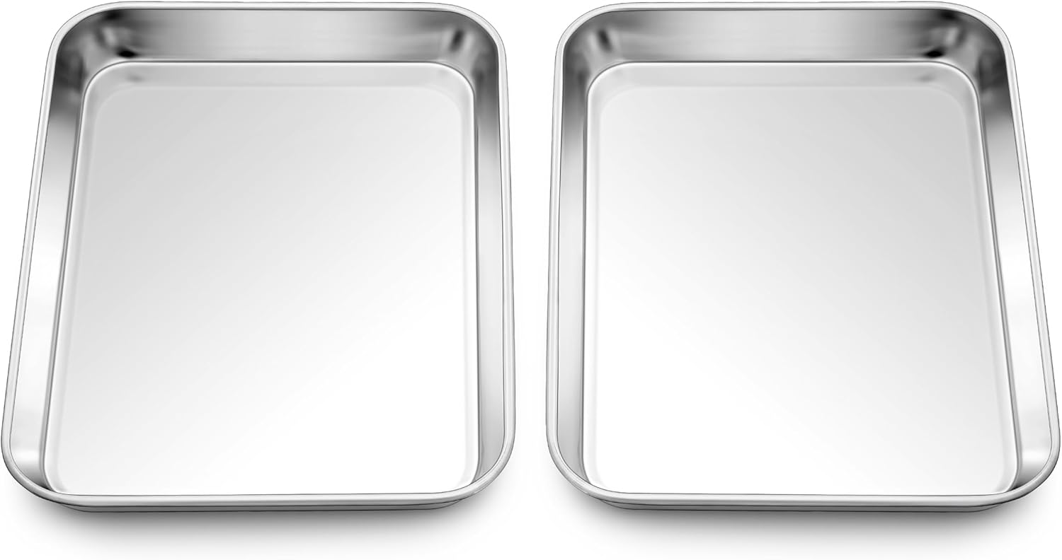 Homikit 2 Pack Baking Sheet, 9 x 7 Inches Stainless Steel Cookie Tray Set for Cooking Toasting, Mini Metal Cookie Toaster Oven Baking Pan Non Stick, Rustproof & Mirror Finish, Dishwasher Safe