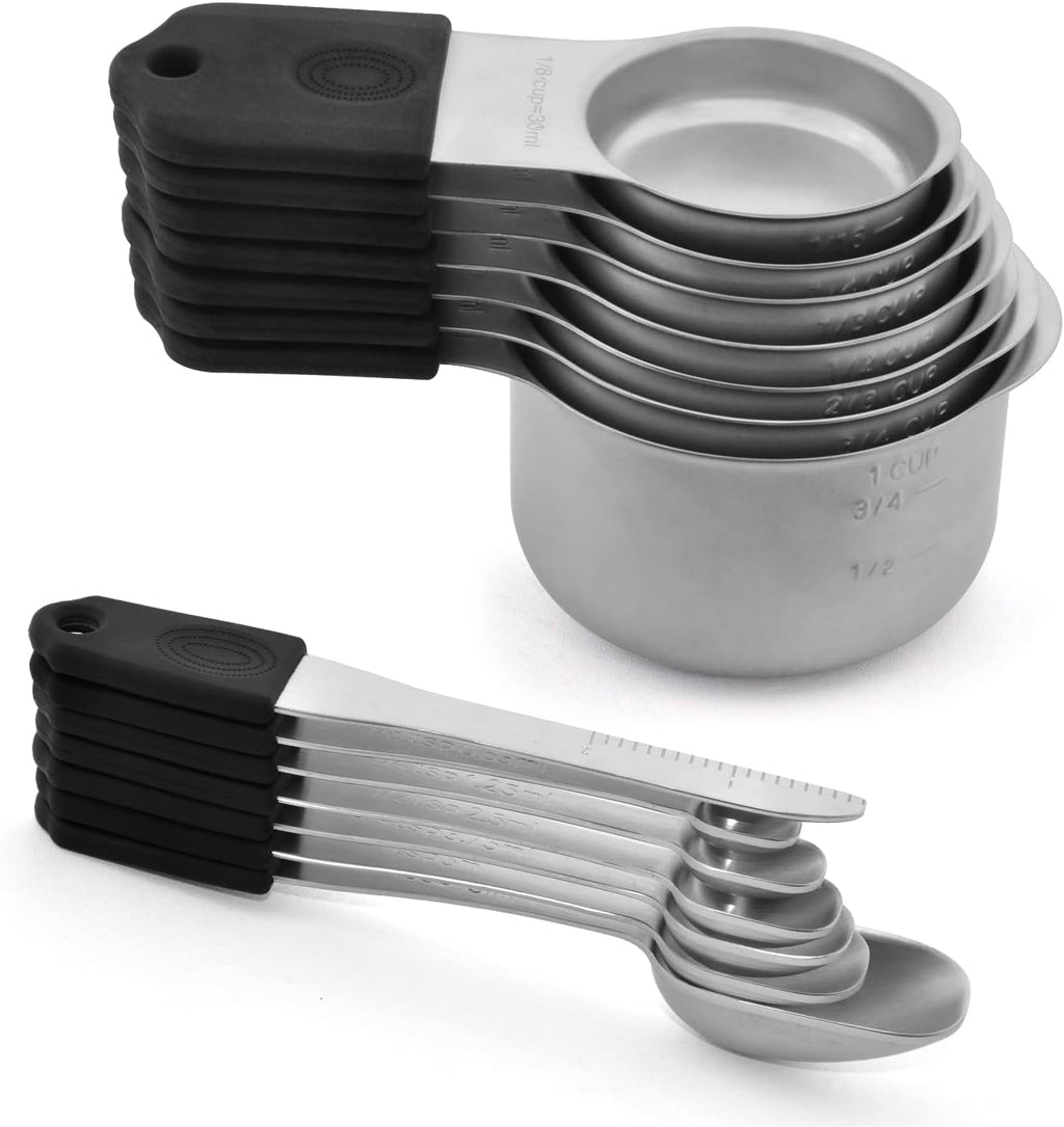 Magnetic Measuring Cups Set, 7 Pieces 18/8 Stainless Steel Stackable Nesting Heavy Duty Metal Measure Cups, Color Silicone Handle Kitchen Tools for Dry and Liquid Ingredients (14, Black)