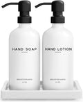 White Glass Soap and Lotion Dispenser Set with Tray by Brighter Barns - Hand Soap Dispenser Bathroom Set & Stainless Steel Pump for Home, Vacation Rental - Modern Bathroom Accessories & Decor (White)