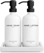 White Glass Soap and Lotion Dispenser Set with Tray by Brighter Barns - Hand Soap Dispenser Bathroom Set & Stainless Steel Pump for Home, Vacation Rental - Modern Bathroom Accessories & Decor (White)