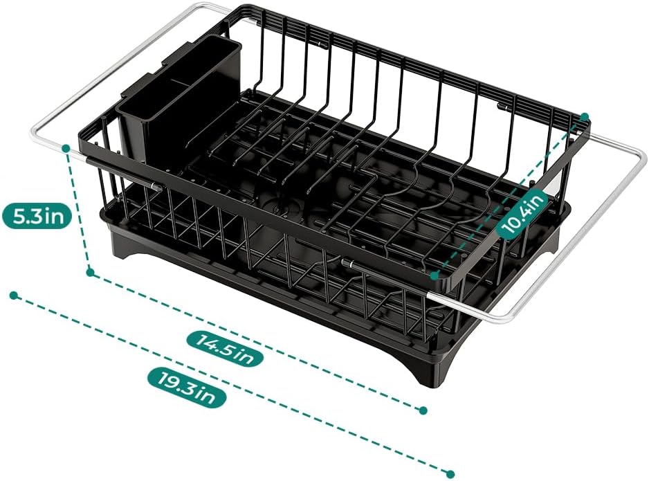 Small Dish Drying Rack in Sink, Expandable Stainless Steel Dish Drainers for Kitchen Counter, with Drain Board & Utensil Holder(Black)