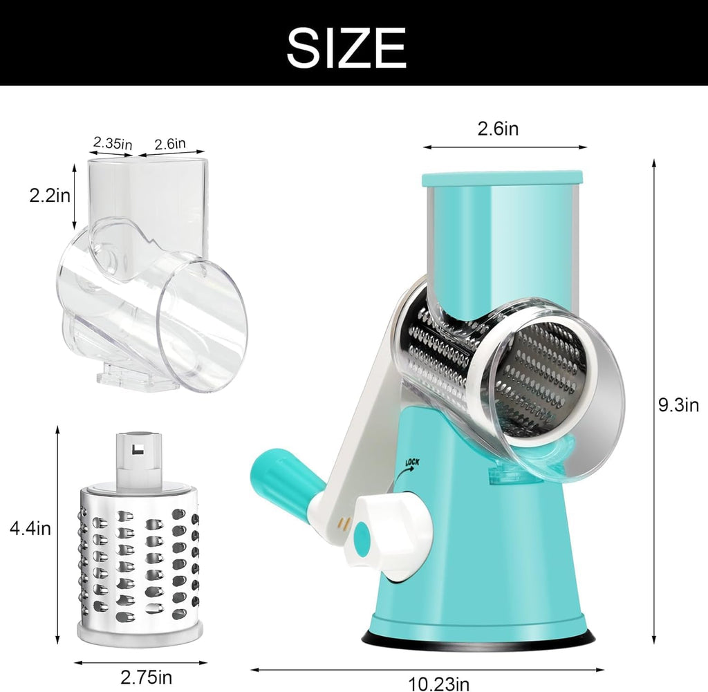 Cambom Rotary Cheese Grater Hand Crank Cheese Shredder for Fresh Cheese, Vegetable, Nuts,Non-slip Suction Base, Free Cleaning Brush Three Blades, Blue