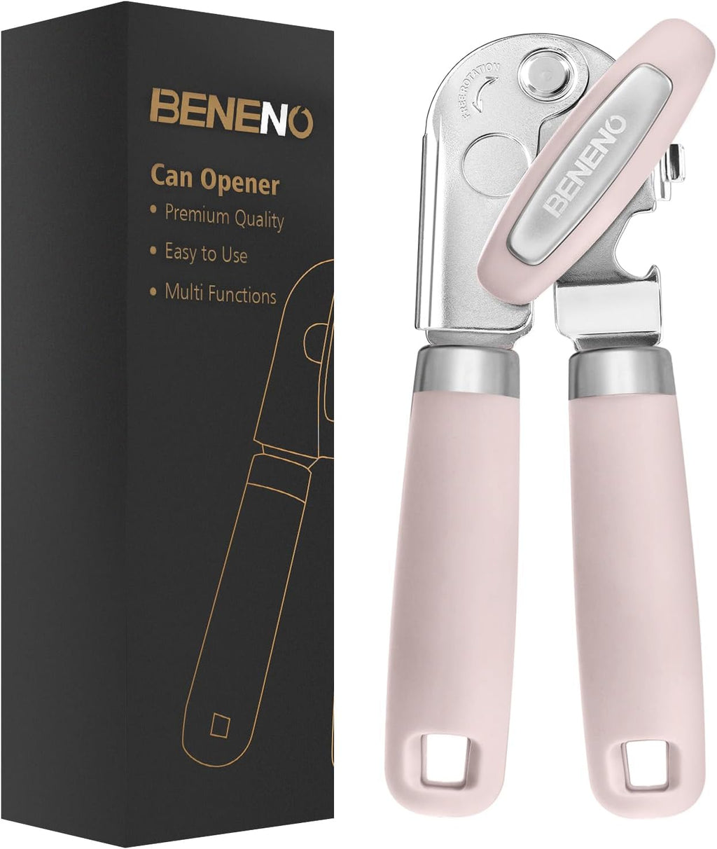 Beneno Can Opener Manual with Magnet, Hand Held Heavy Duty Can Opener with Durable Sharp Blade Smooth Edge, Big Effort-Saving Knob, Soft Grip Rubber Handle, Multifunctional Bottle Opener, Light Pink