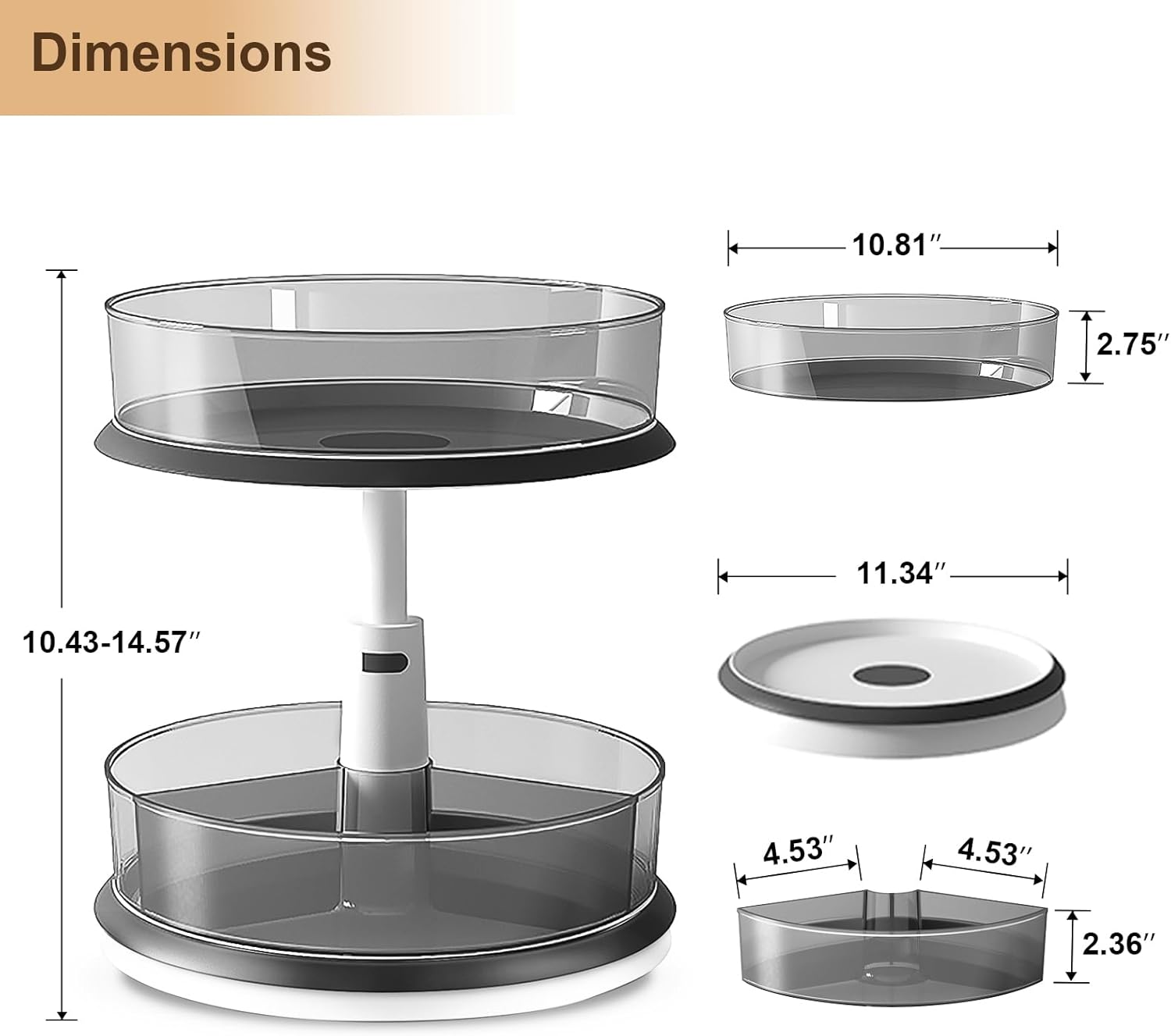 2 Tier Lazy Susan Turntable Organizer for Medicine Cabinet Bottle Pantry Countertop with Clear Large Spice Rack 11 Inch Grey